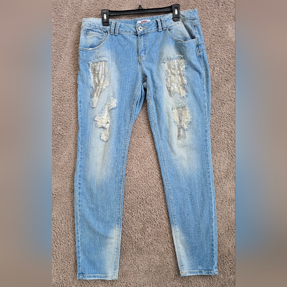 BONGO Distressed Women's Juniors Skinny Jeans Sparkle Fringe Sz 13 Y2K